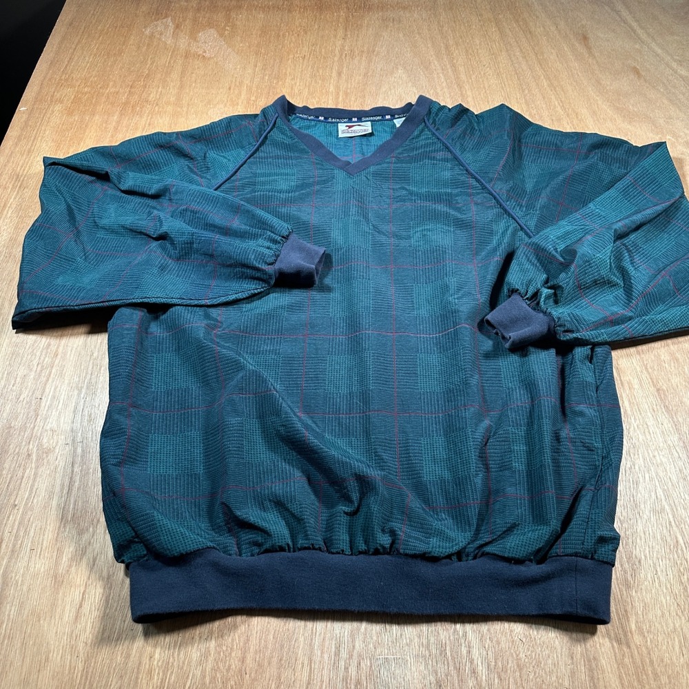 Slazenger Windbreaker Men XL Green Plaid V-Neck Pullover Vintage Golf Jacket